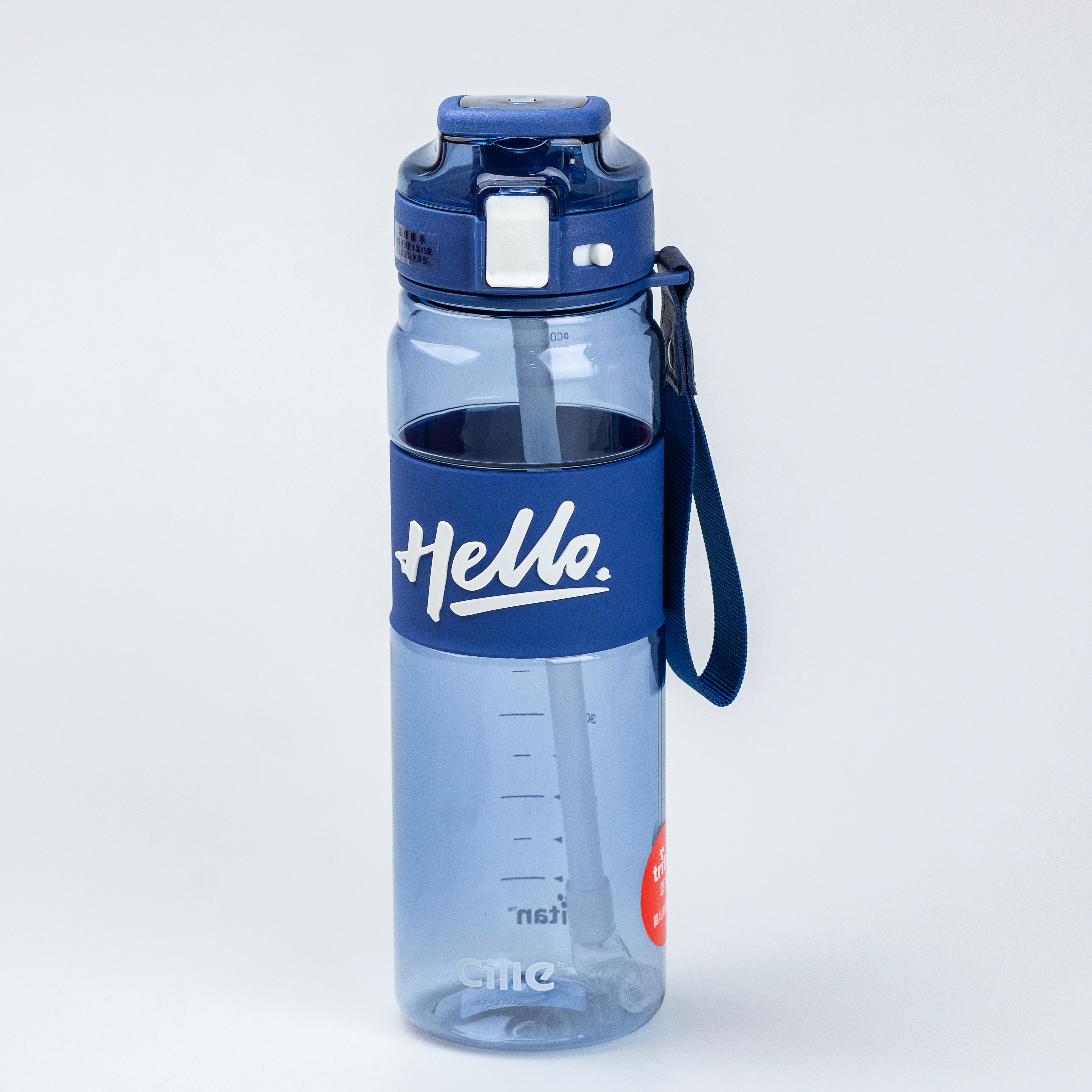 Спортивна пляшка для води Happy Life Hello 860 мл з ремінцем і ручкою, синя