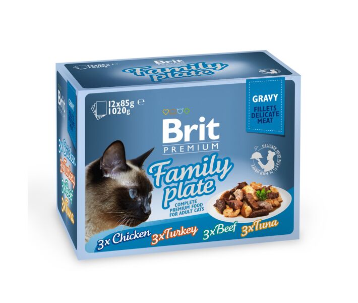 Влажный корм для кошек Brit Premium Cat Dinner Plate Fillets Jelly 12х85 г, ассорти из 4 вкусов в соусе