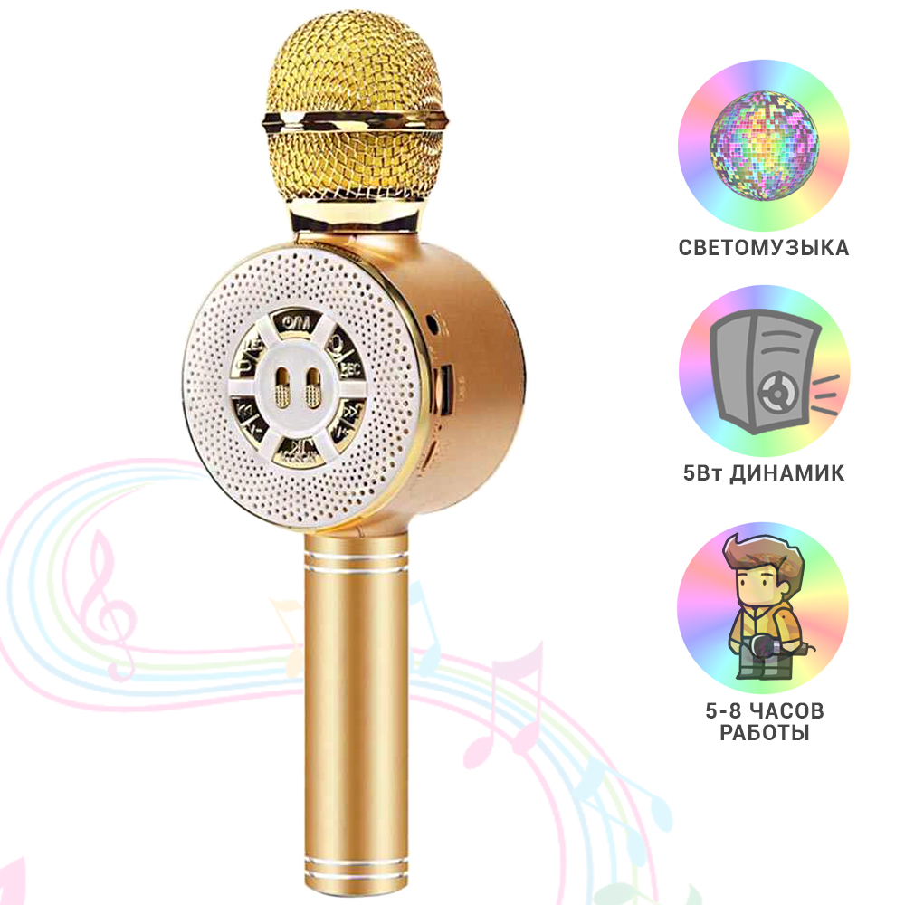 Детский микрофон Wster с функцией караоке USB, microSD, AUX, Bluetooth WS 669 Золотой