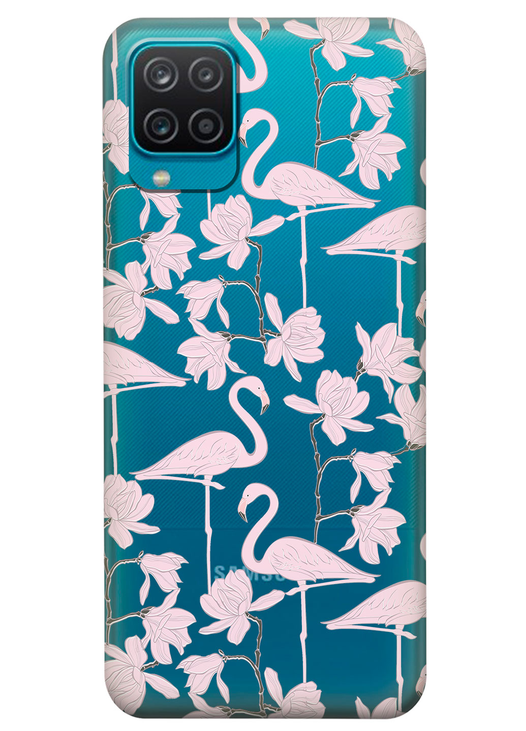 Прозрачный силиконовый чехол iSwag для Samsung Galaxy M12 с рисунком - Розовые фламинго (KS14864)