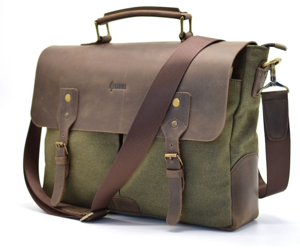 Мужская сумка-портфель кожа+парусина RH-3960-4lx TARWA Зеленый