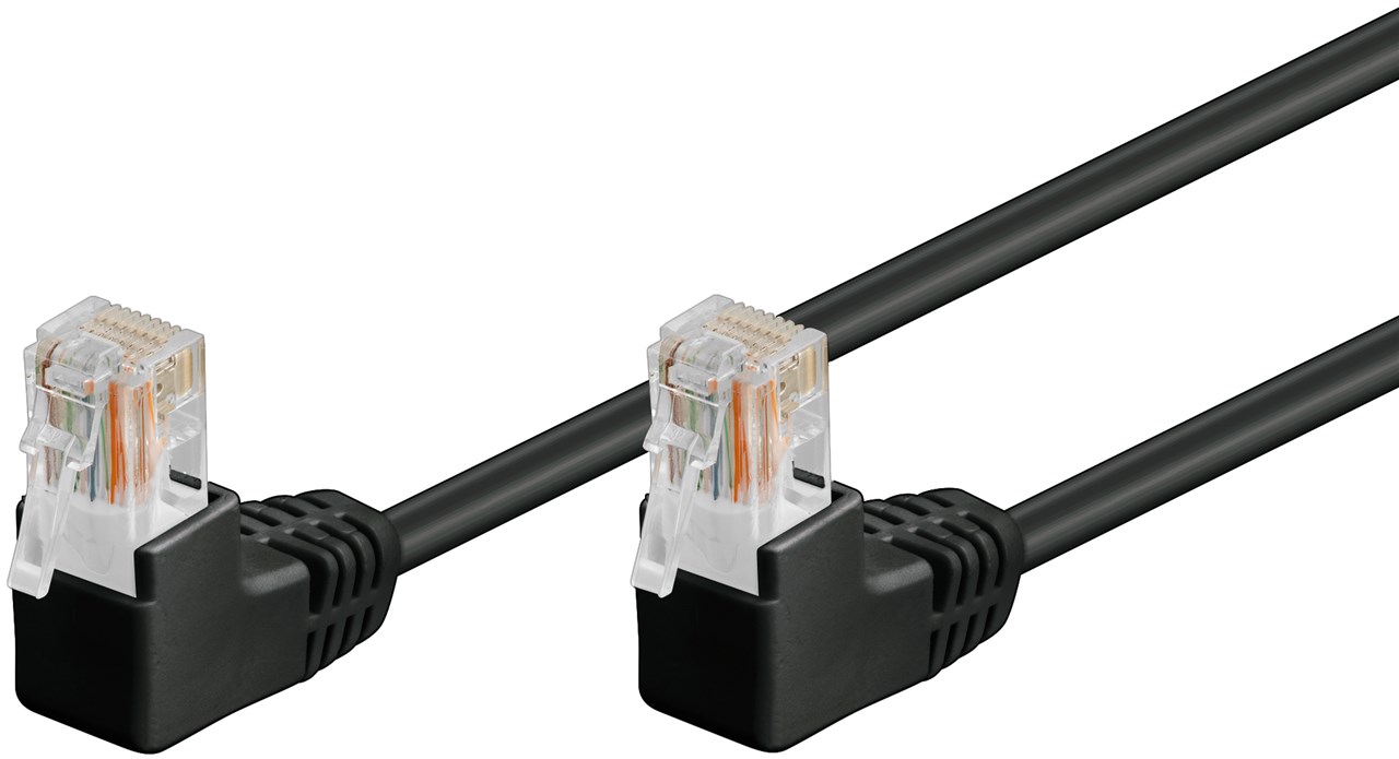 Патч-корд неекранований Goobay RJ45 UTP5e  5.0m patch D=4.9mm AWG26 2x90° Gold чорний (75.09.6089)