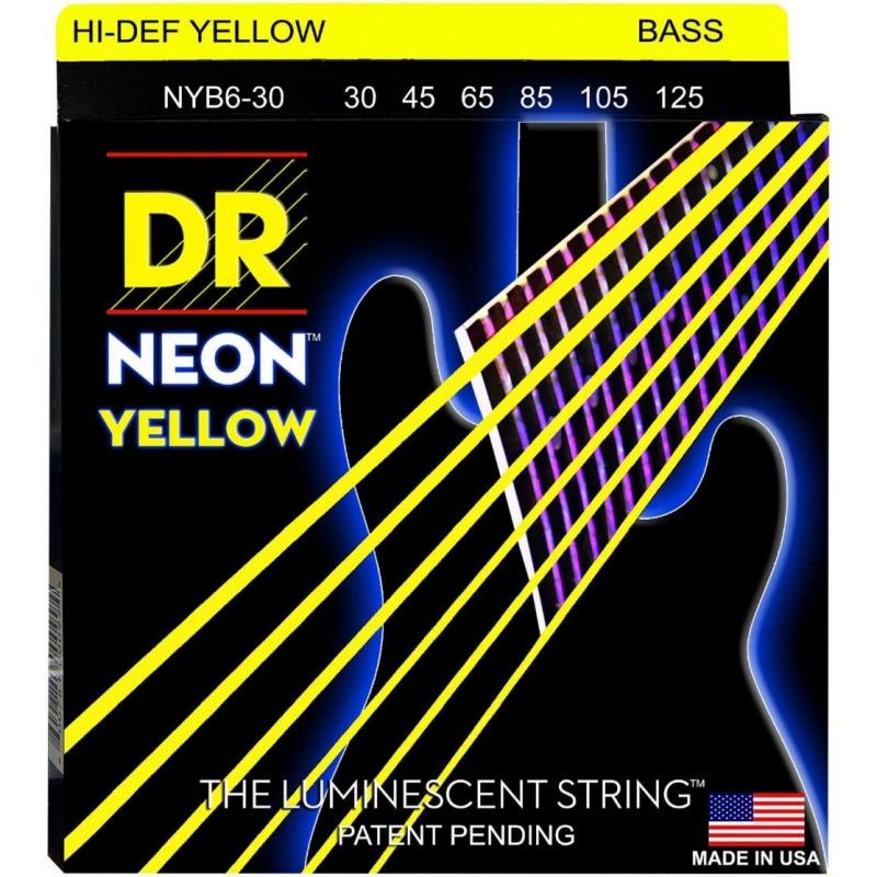 Струны для бас-гитары DR NYB6-30 Hi-Def Neon Yellow K3 Coated Medium Bass Guitar 6 Strings 30/125