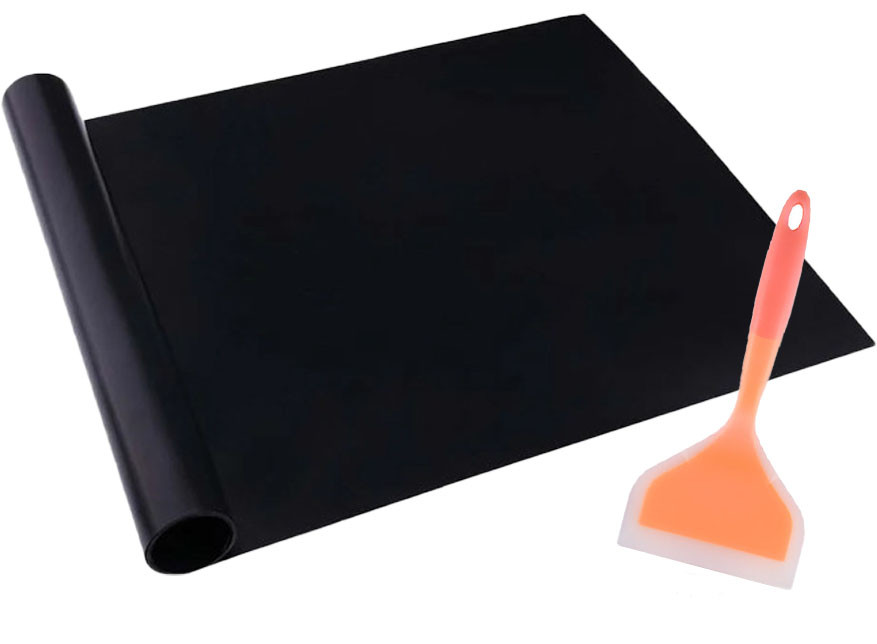 Комплект антипригарный коврик для BBQ Черный и Лопатка с антипригарным покрытием Оранжевая (vol-1224)
