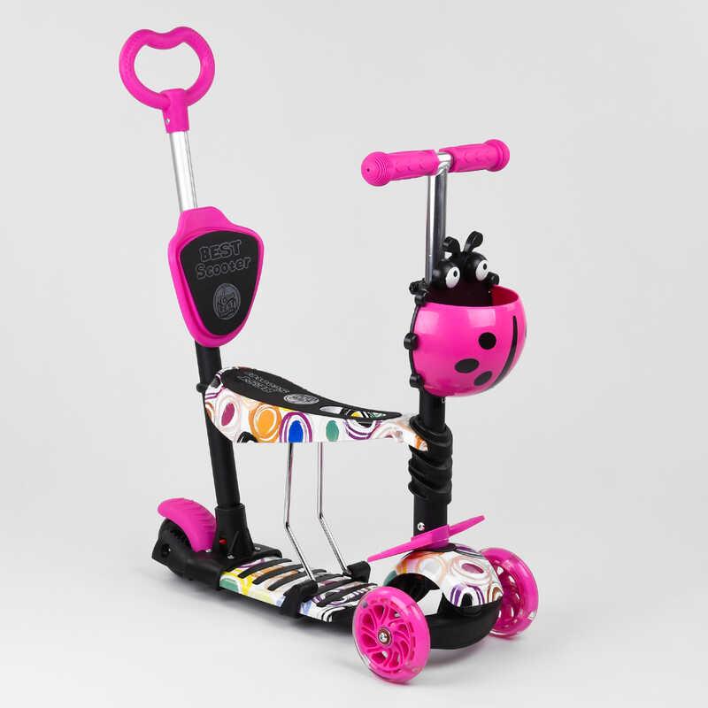 Детский самокат - трансформер 5 в 1 с подсветкой колес Best Scooter "Божья коровка" розовый с принтом 75009