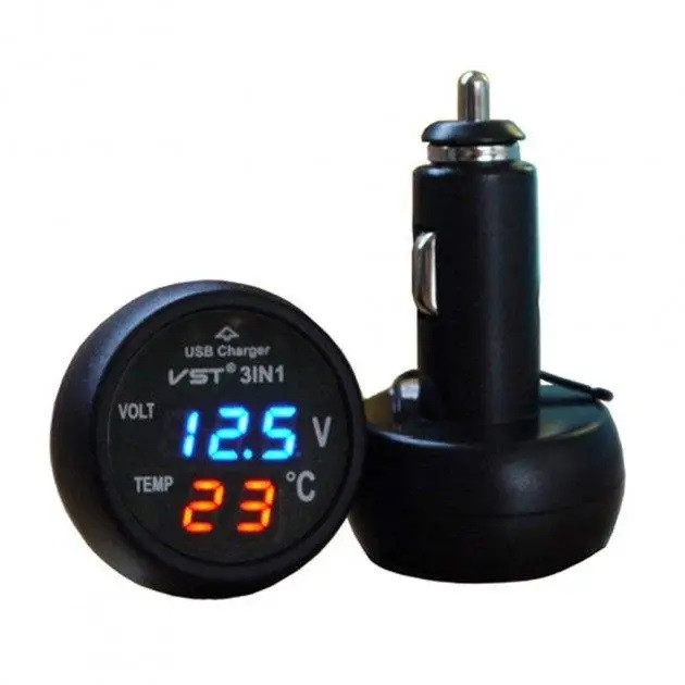 Автомобильный вольтметр с термометром + USB зарядка VST 706 от прикуривателя Black/Blue (10700-hbr)