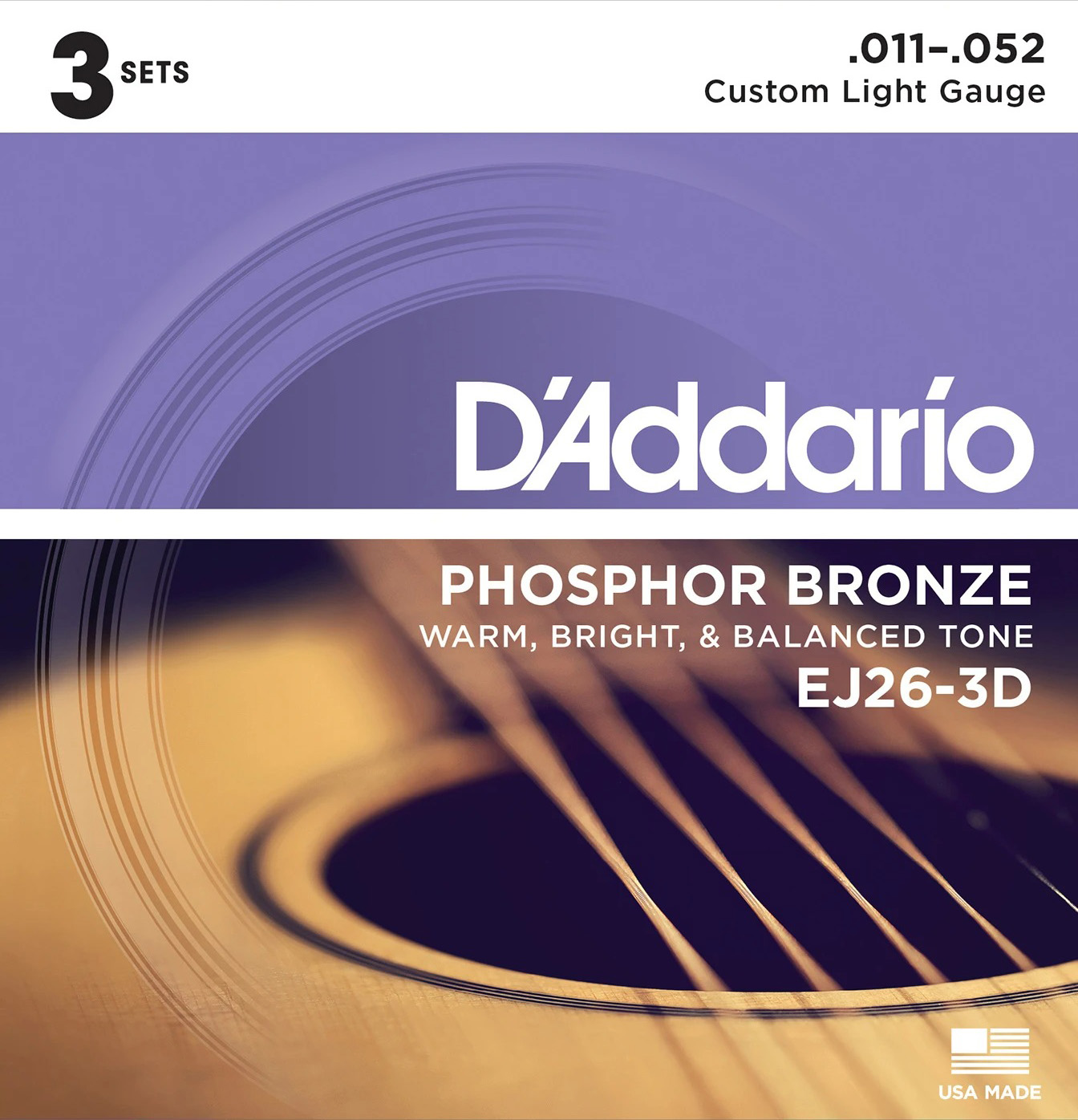 Струни для акустичної гітари D'Addario EJ26-3D Phosphor Bronze Custom Light Acoustic Guitar Strings 11/52