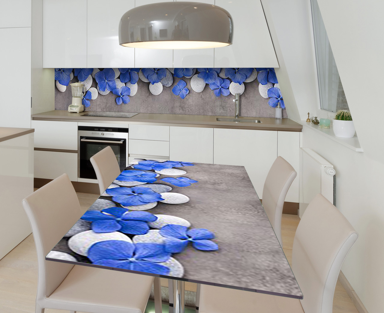 Наклейка 3Д виниловая на стол Zatarga «Синяя гортензия на гальке» 600х1200 мм для домов, квартир, столов,