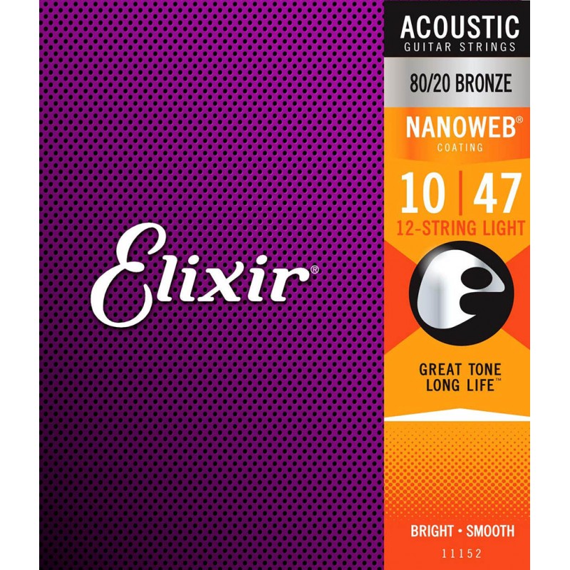 Струны для акустической гитары Elixir 11152 Nanoweb 80/20 Bronze Acoustic 12 Strings Light 10/47