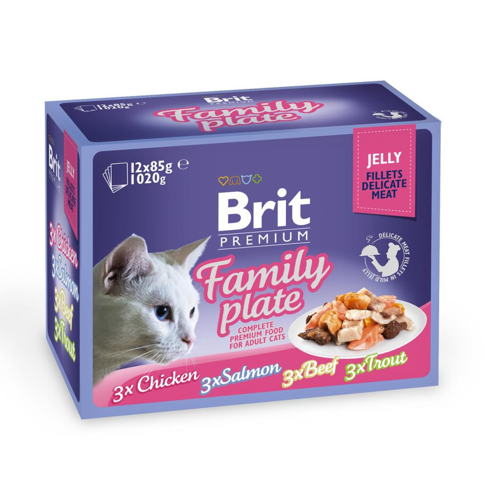 Вологий корм для котів Brit Premium Cat Family Plate Jelly 12х85 г, асорти з 4 смаків «Сімейна тарілка» в желе