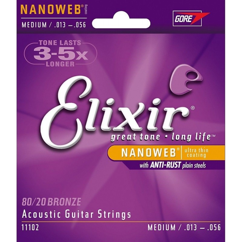 Струни для акустичної гітари 6 шт Elixir 11102 Nanoweb 80/20 Bronze Acoustic Medium 13/56