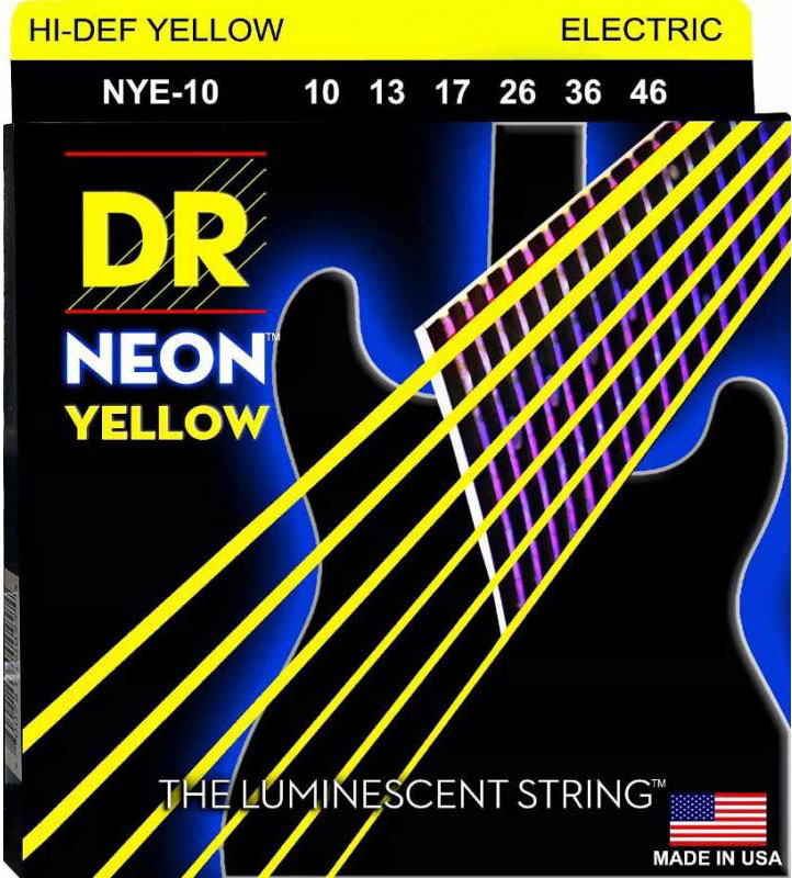 Струни для електрогітари 6 шт DR NYE-10 Hi-Def Neon Yellow K3 Coated Medium Electric Guitar Strings 10/46