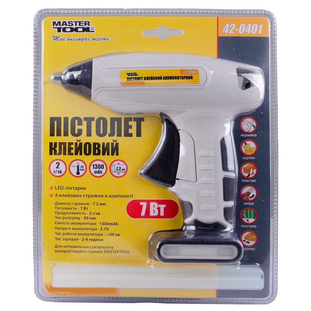 Пистолет клеевой аккумуляторный Ø 7,2 мм DC3.7V 1300mAh Капля-Стоп MASTERTOOL GM (42-0401)