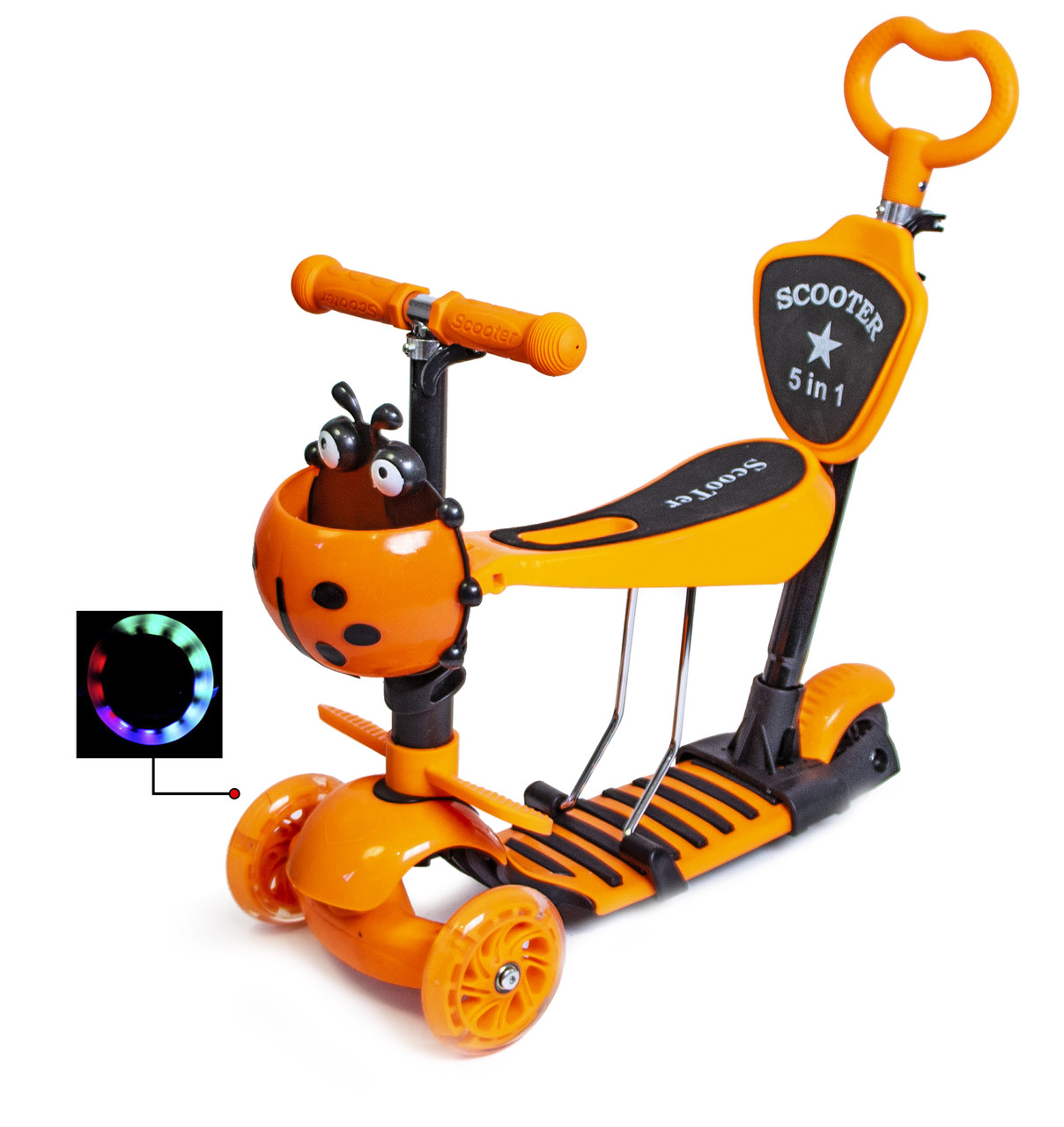 Детский самокат - трансформер 5 в 1 с подсветкой Scooter "Божья коровка" Orange