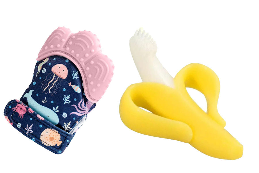 Силіконовий прорізувач-рукавичка для зубів Рожевий + Прорізувач-щітка Банан (vol-1311)