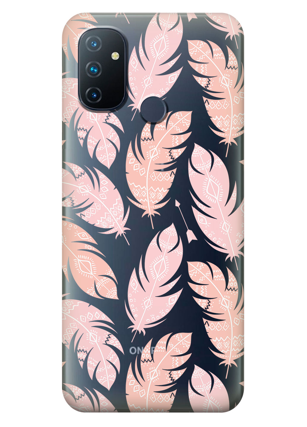 Прозрачный силиконовый чехол iSwag для OnePlus Nord N100 с рисунком - Розовые перья (KS14602)
