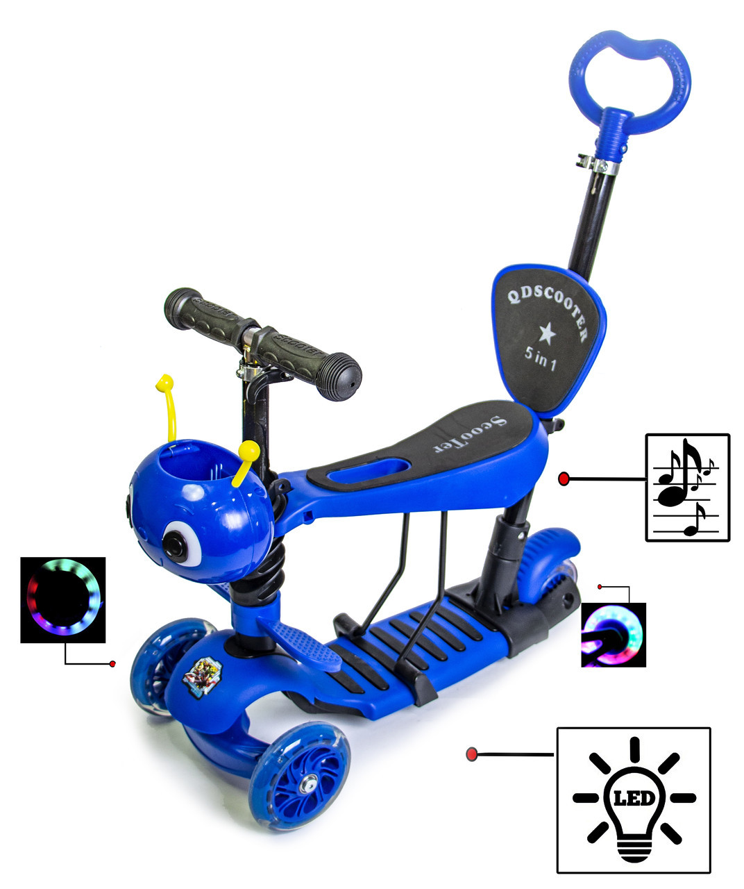 Самокат 5в1 с подсветкой и музыкой Scooter Пчелка 5in1 Blue (1431456163)