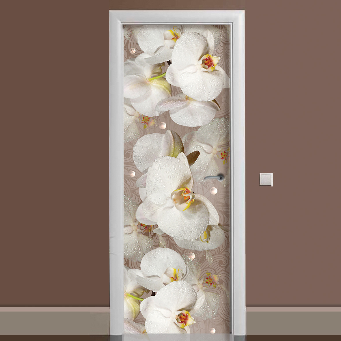 Наклейка на дверь Zatarga Орхидея и капли росы 01 650х2000 мм Бежевый (z180206 dv)