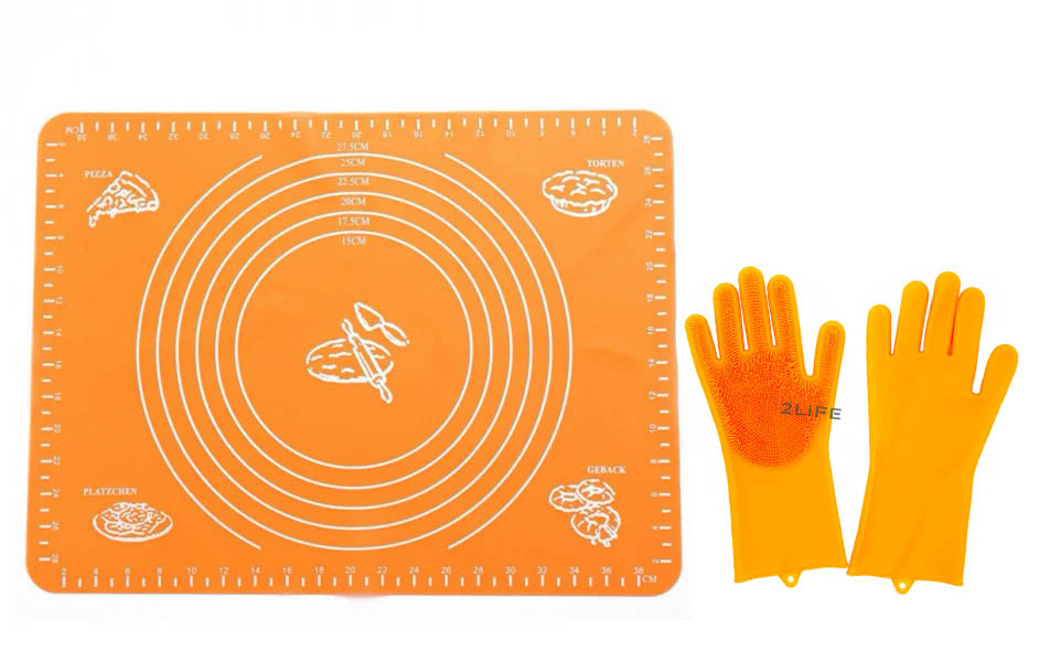 Набор Силиконовый антипригарный коврик 50x40 см и Перчатки силиконовые Оранжевый (n-1011)