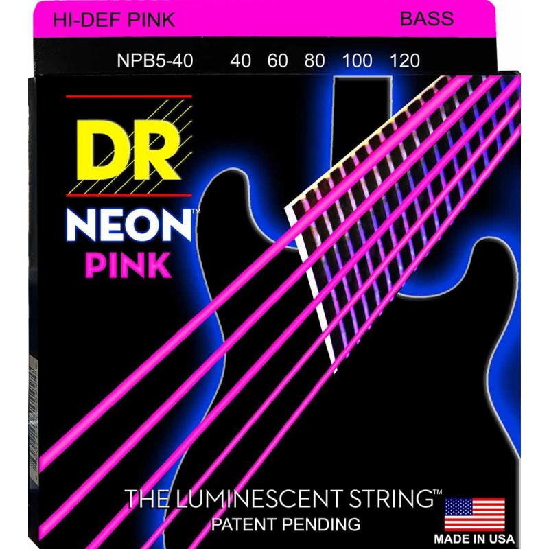 Струни для бас-гітари DR NPB5-40 Hi-Def Neon Pink K3 Coated Light Bass Guitar 5 Strings 40/120