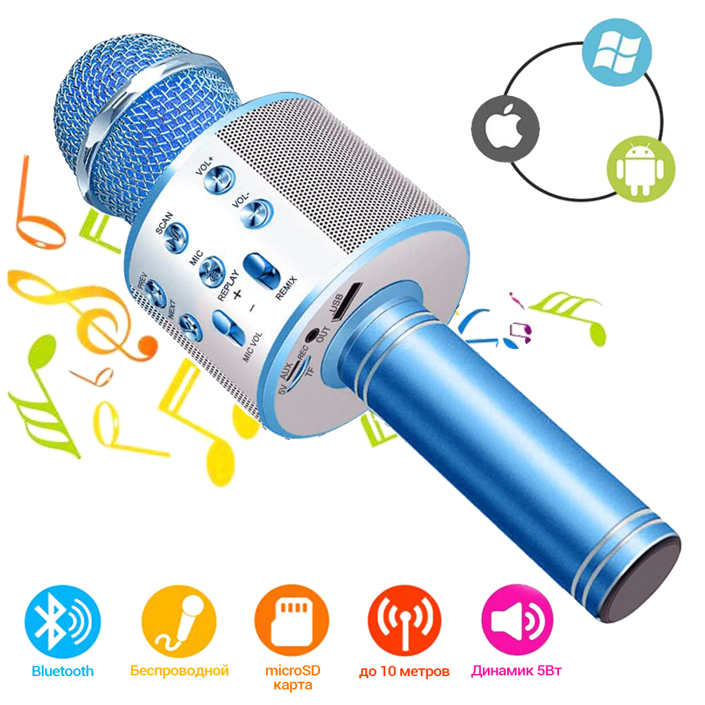 Бездротовий Bluetooth мікрофон для караоке Wster ws-858 зі зміною голосу портативний USB-мікрофон Синій