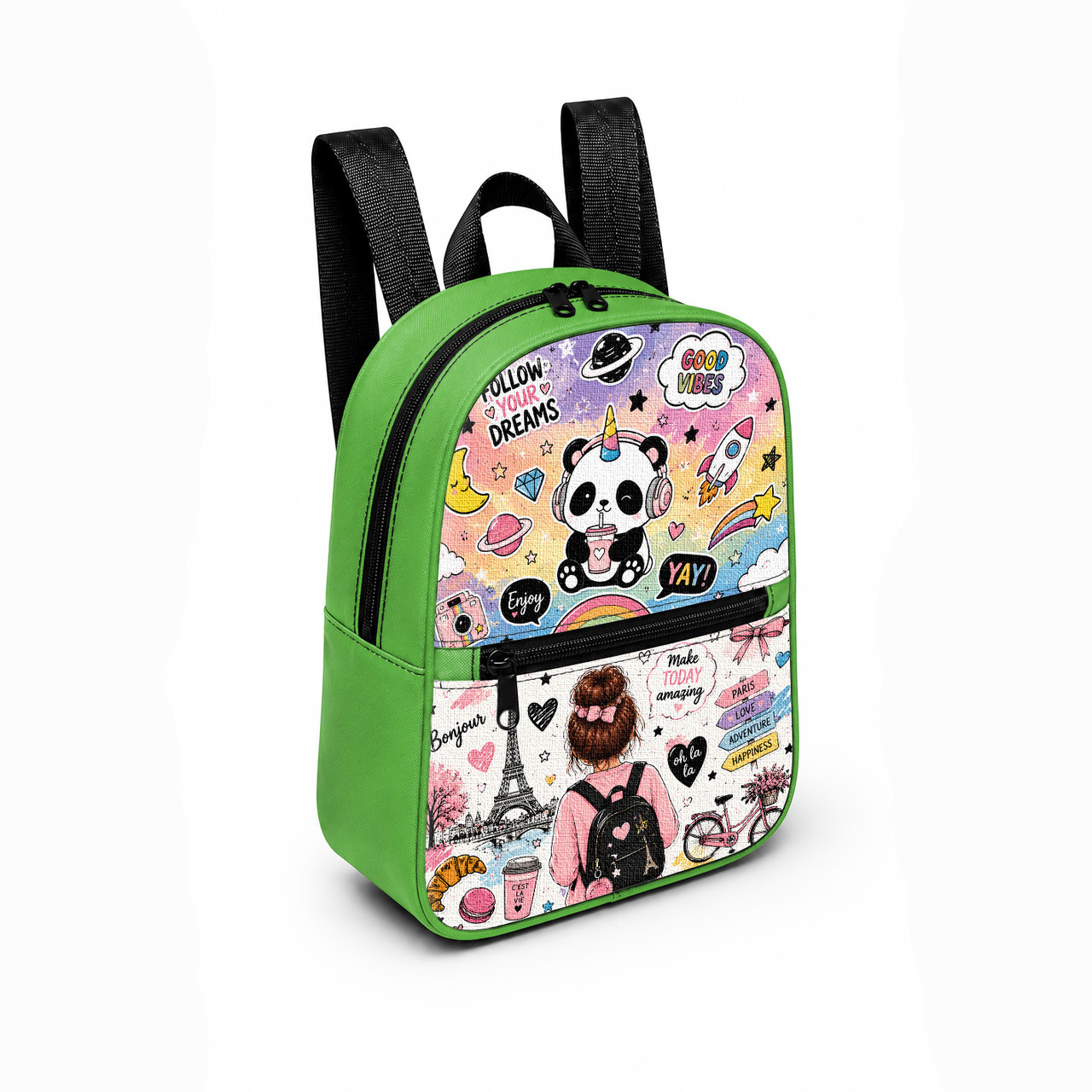 Дитячий міні-рюкзак Kawaii Panda для дівчинки зелений 28×24×10 см