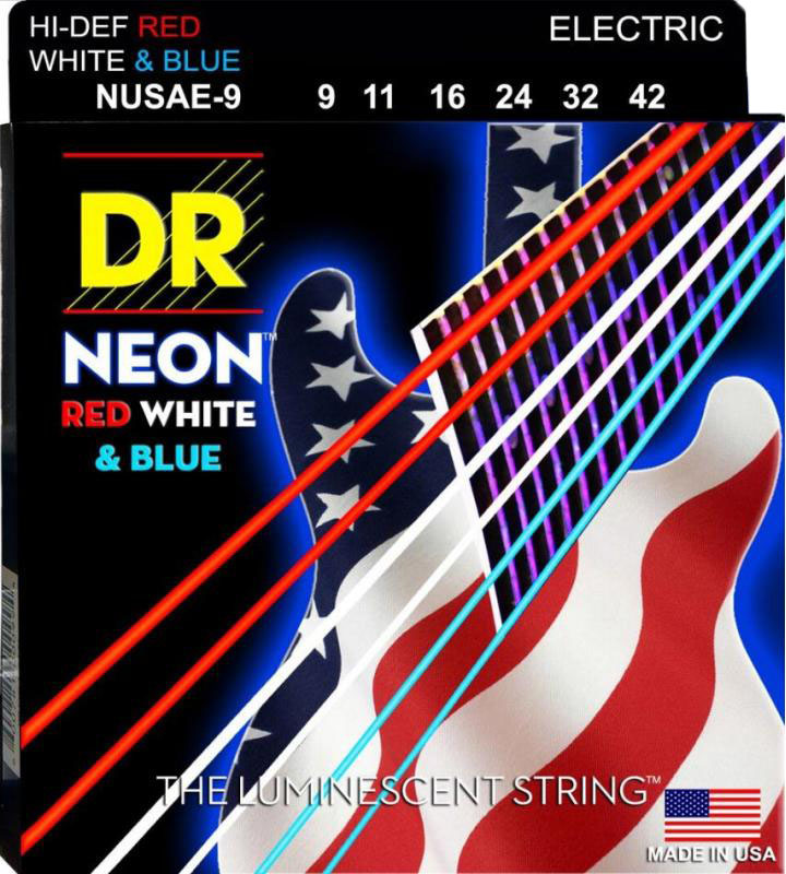Струны для электрогитары DR NUSAE-9 Hi-Def Neon Red White Blue K3 Coated Light Electric Guitar Strings 9/42