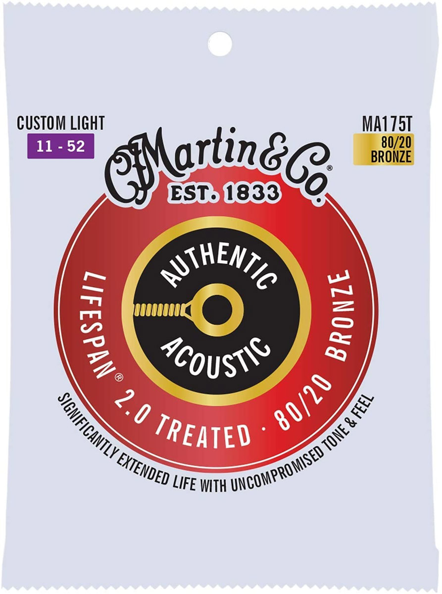 Струны для акустической гитары Martin MA175T Lifespan Treated 80/20 Bronze Custom Light Authentic Acoustic Guitar Strings 11/52