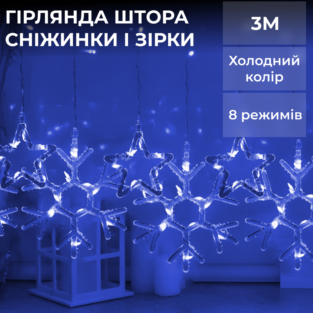 Гирлянда-штора Lugi Звезды и снежинки размер 3*0,9м 10 фигур синий (1733066BL)
