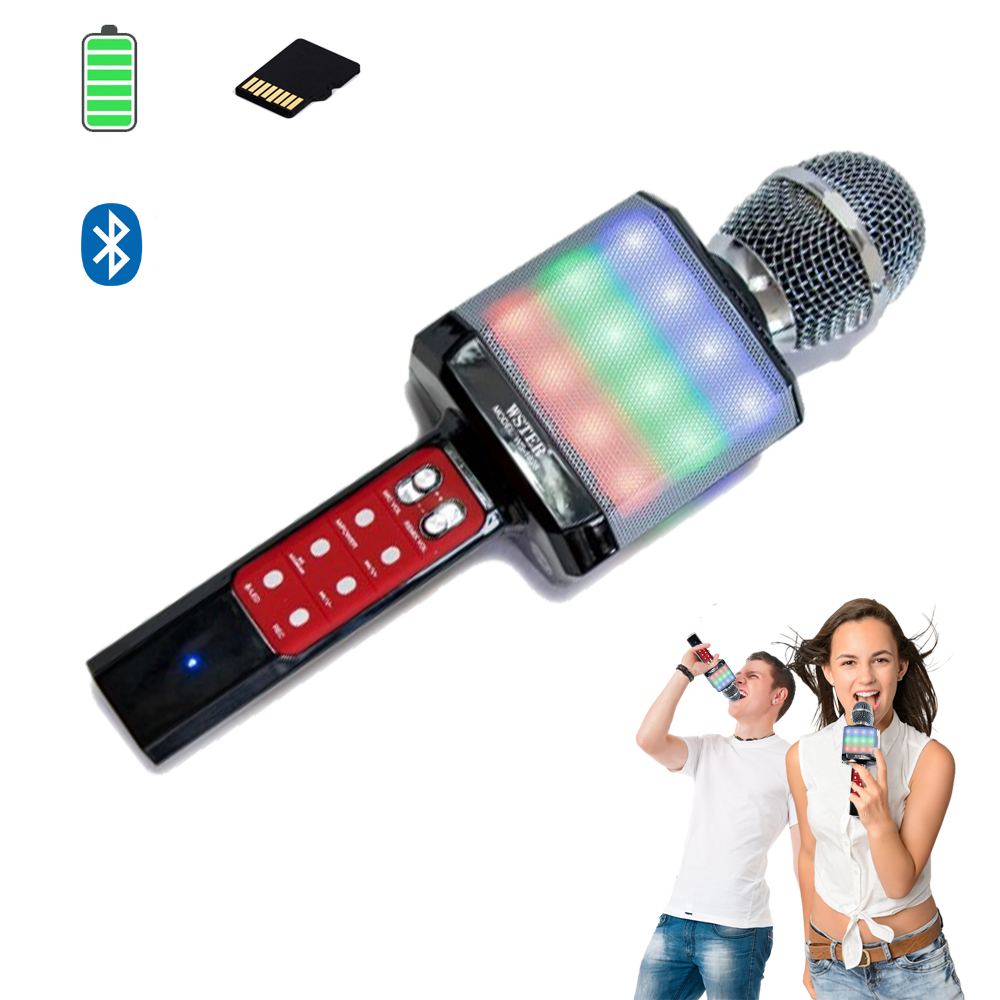 Микрофон-караоке беспроводной WSTER WS-1828 White с функцией изменением голоса Черный с серебристым