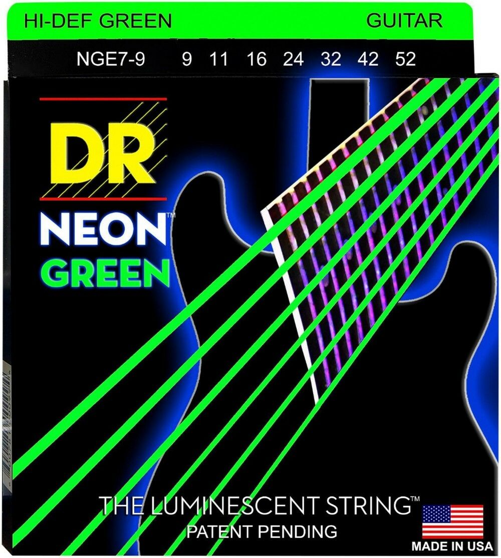 Струны для электрогитары DR NGE7-9 Hi-Def Neon Green K3 Coated Light 7-String Electric Guitar 9/52