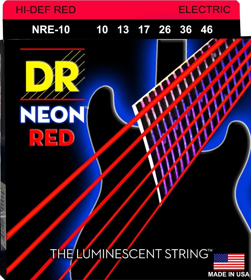 Струни для електрогітари 6 шт DR NRE-10 Hi-Def Neon Red K3 Coated Medium Electric Guitar Strings 10/46