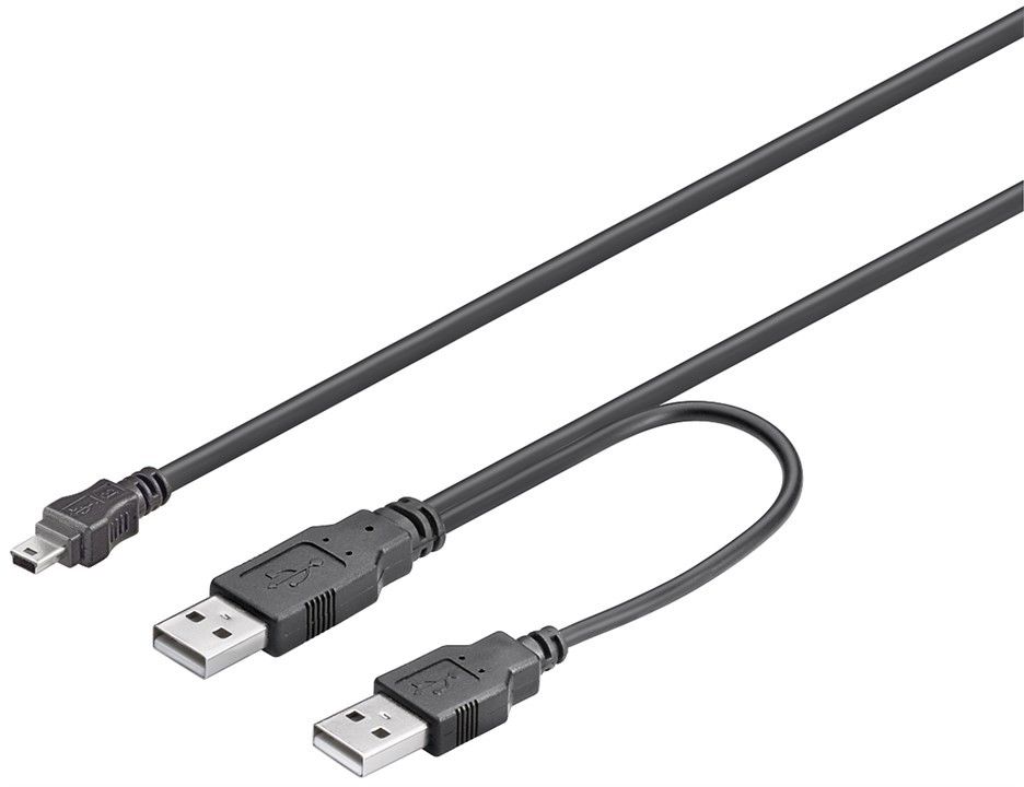 Кабель пристроїв Goobay USB2.0 Ax2-mini 5p M/M (DualPower)  1.0m AWG28 2xShielded D=4.0mm Cu чорний (75.03.4588)