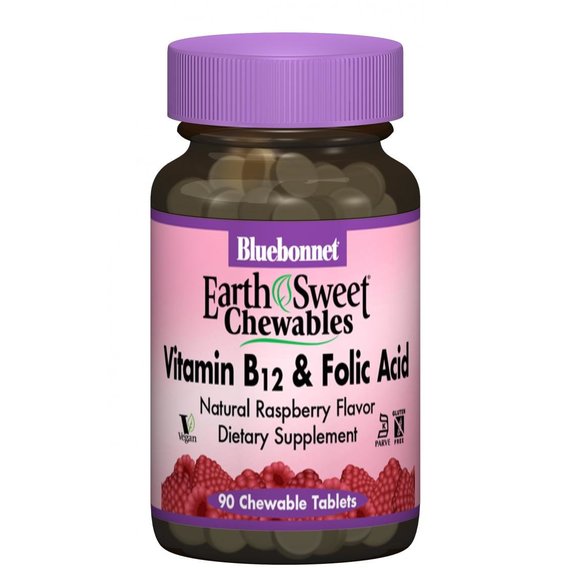 Фолиевая кислота Bluebonnet Nutrition Earth Sweet Chewables Vitamin B12 & Folic Acid 90 Chewable Tabs Raspberry