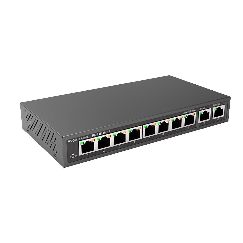Комутатор Ruijie Reyee RG-ES110D-P (8xFE PoE, 2xGE uplink, настільний, безшумний, max PoE 110W)