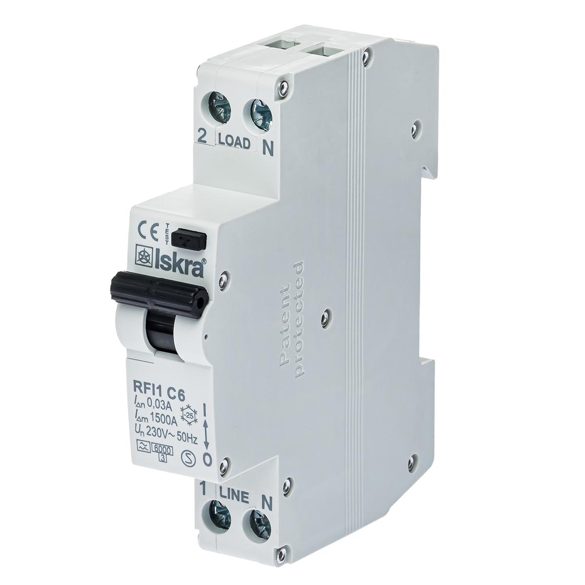 Диференціальний автоматичний вимикач ISKRA RFI1C6A 1P N 6 A AC 30 mA DIN IP20 (786100918000)