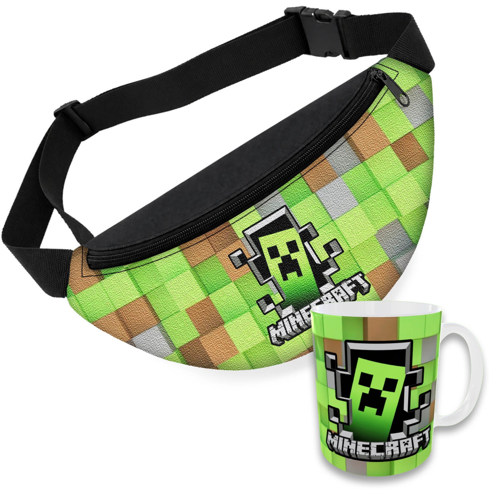 Дитячий набір: сумка-бананка Minecraft Крипер 32×15 см та керамічний гурток 330 мл