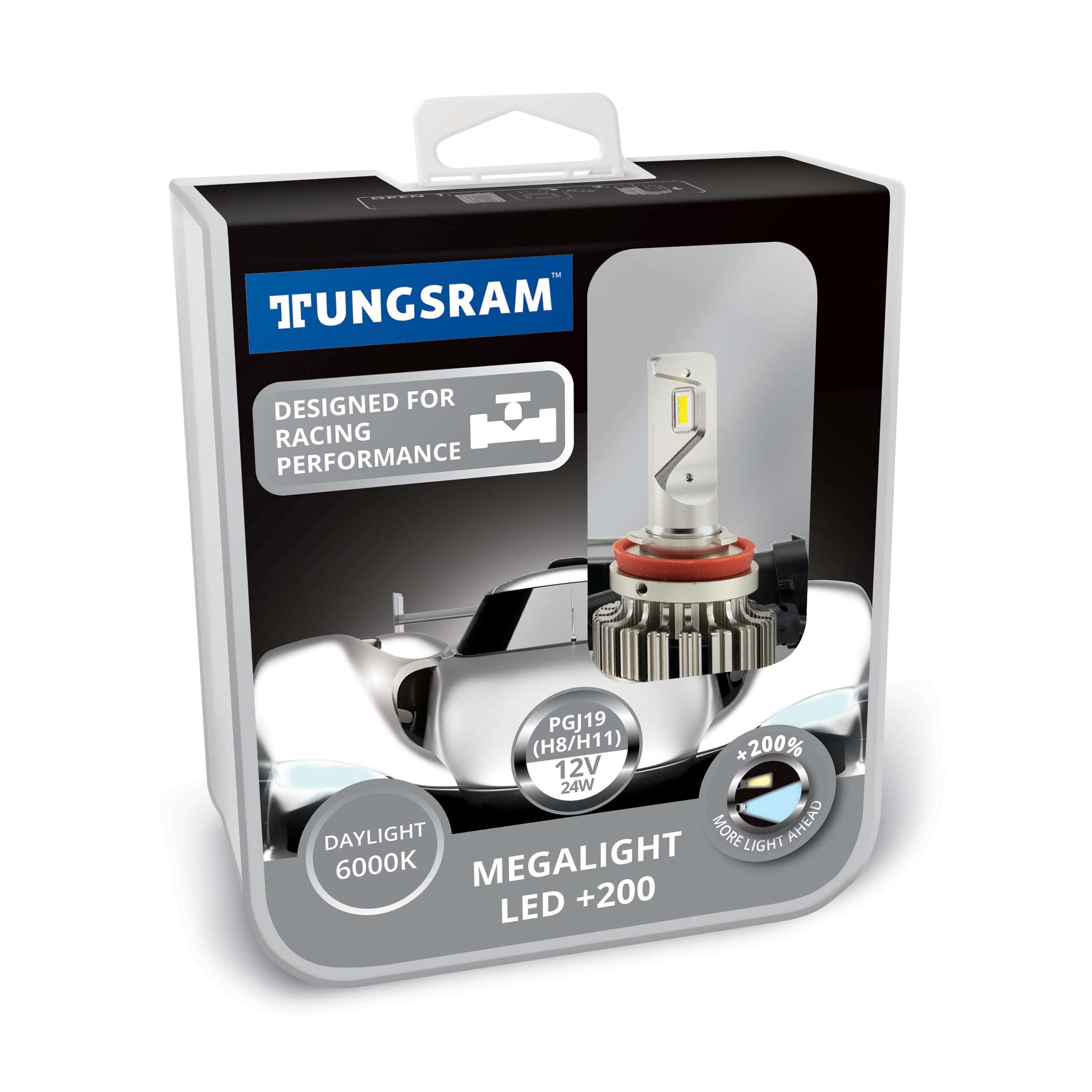 Комплект ламп LED головного света Tungsram Megalight LED +200 12V H11 24W 6000K (2 шт./коробка)