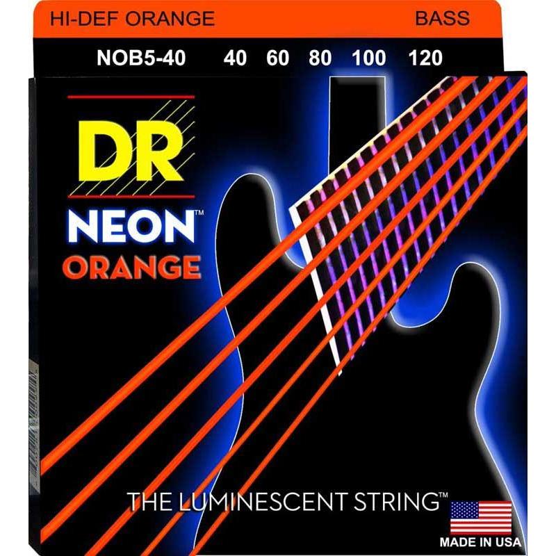 Струни для бас-гітари DR NOB5-40 Hi-Def Neon Orange K3 Coated Light Bass Guitar 5 Strings 40/120