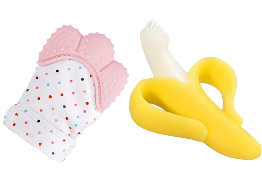 Детский силиконовый прорезыватель-перчатка для зубов 2Life Розовый + Прорезыватель-щётка Банан (n-1448)