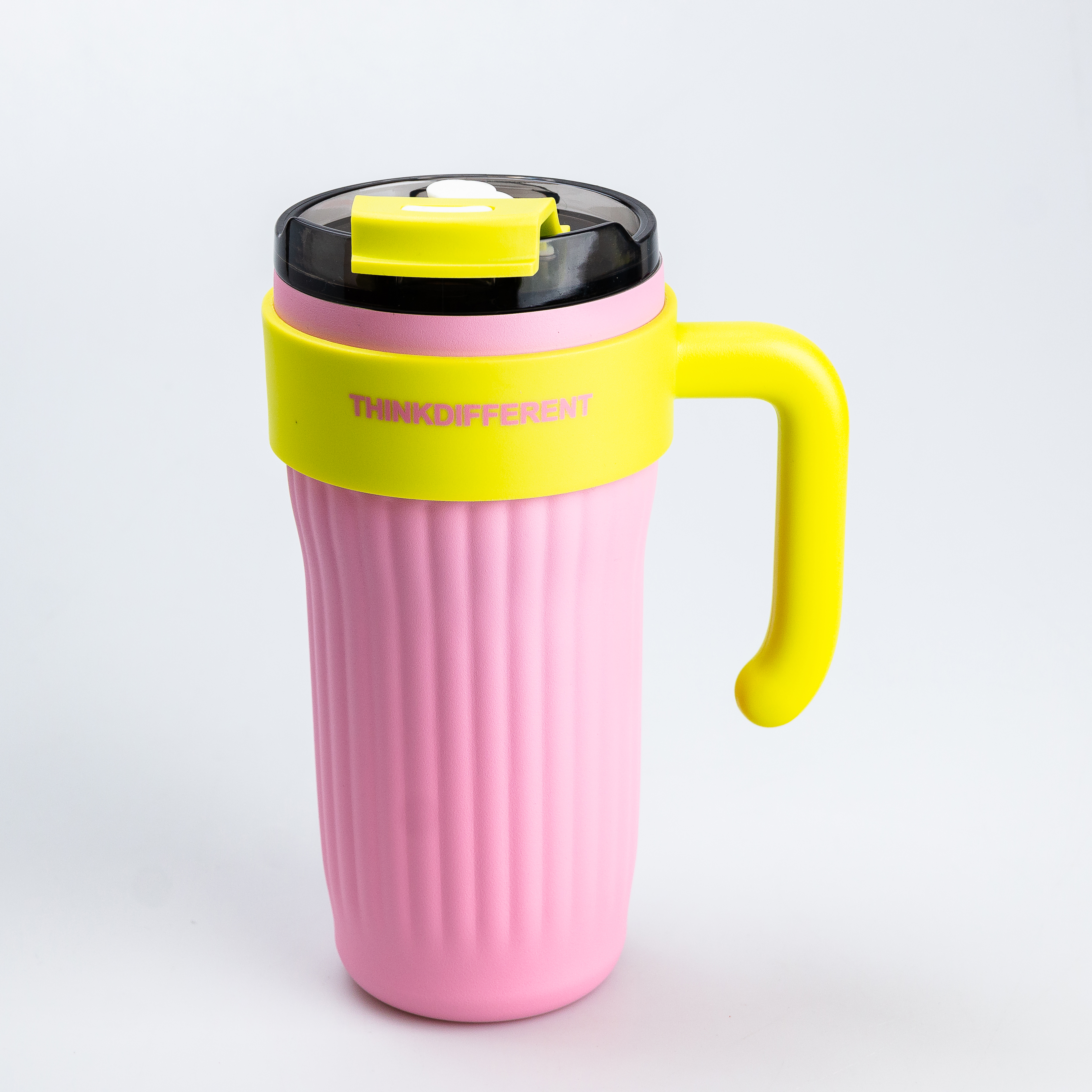 Термокружка Happy Life ThinkDifferent 860 мл з кришкою на защіпці та ручкою рожевий з жовтим (HP28487P)