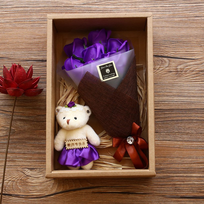 Подарунковий букет 7 троянд з мила Lesko X1-1 Purple з ведмедиком