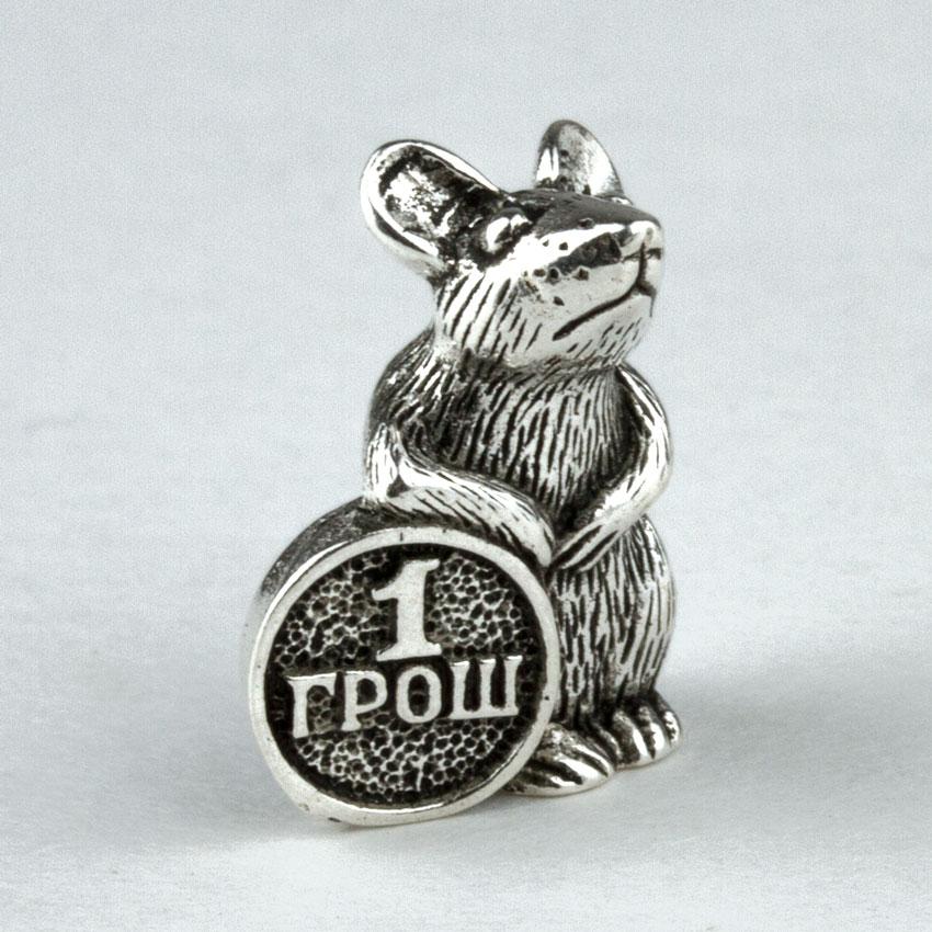 Кошельковый оберег Крыса с монетой 1,3х0,5х1 см Серебряное (24640)
