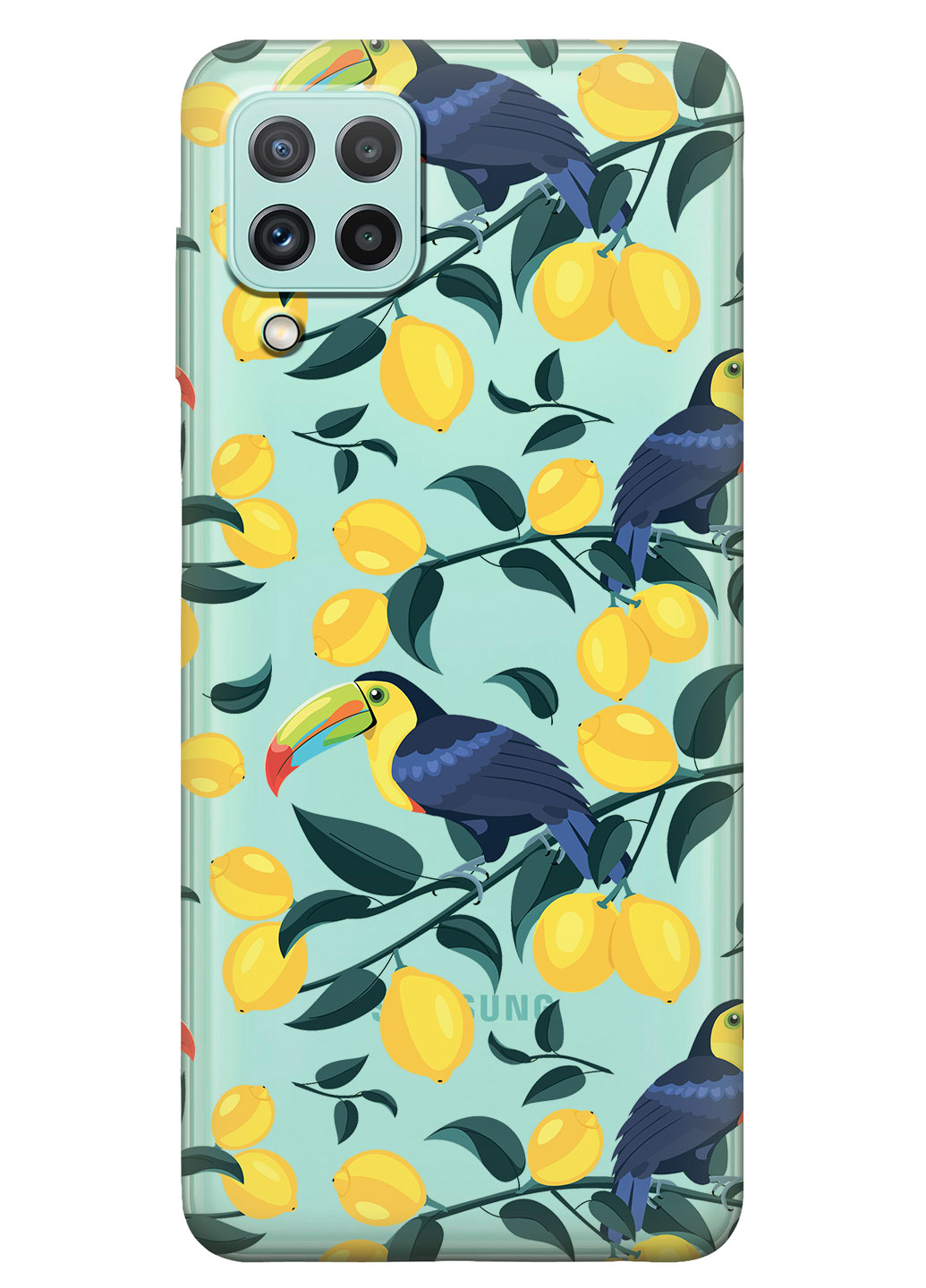 Прозрачный силиконовый чехол iSwag для Samsung Galaxy A22 с рисунком - Туканы и лимоны (KS15085)
