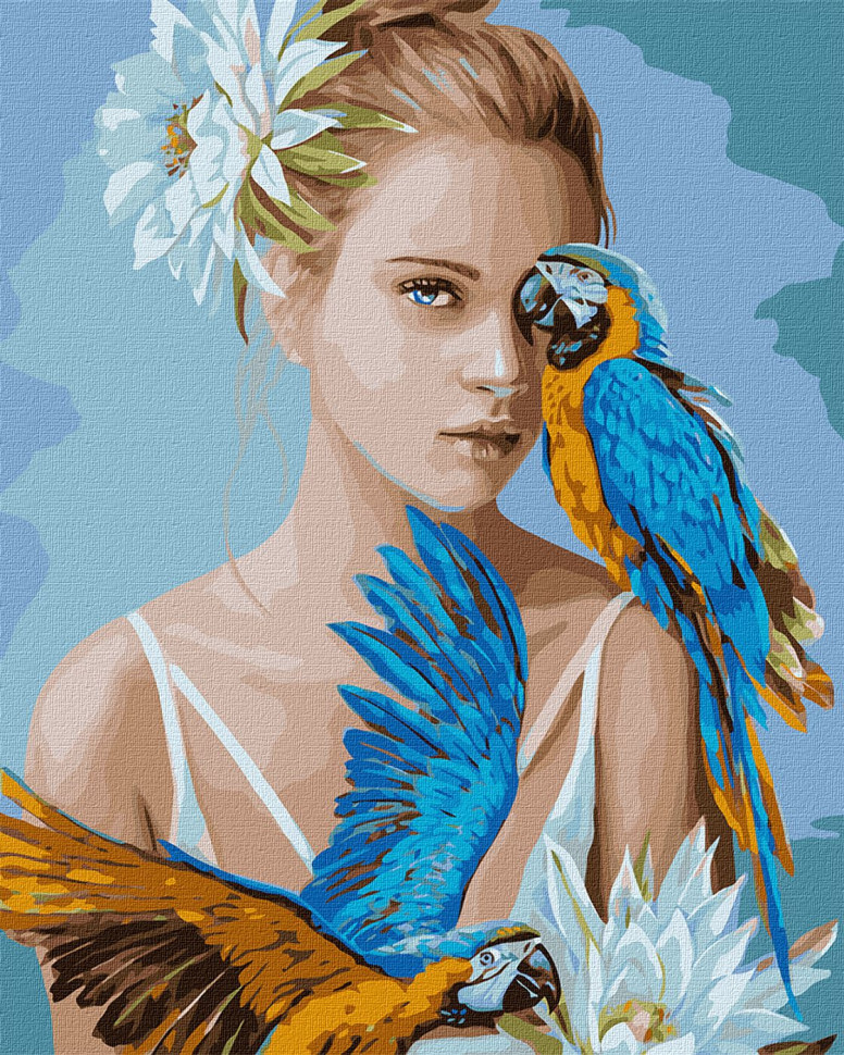 Картина за номерами Идейка "Дівчина з блакитними папугами" 40х50см KHO4802