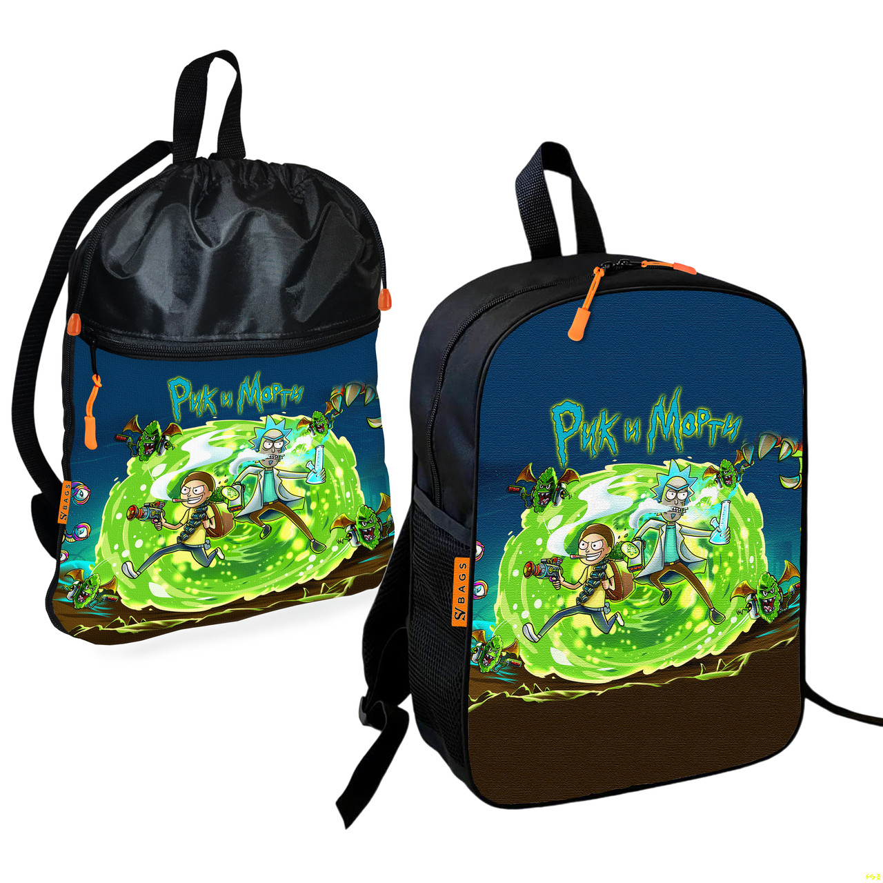 Дитячий шкільний рюкзак 36×27 см із сумкою для взуття Rick and Morty, 2 предмети