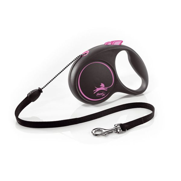 Рулетка для собак Flexi Black Design М 5 метрів, до 20 кг (рожева), повідець із тросом