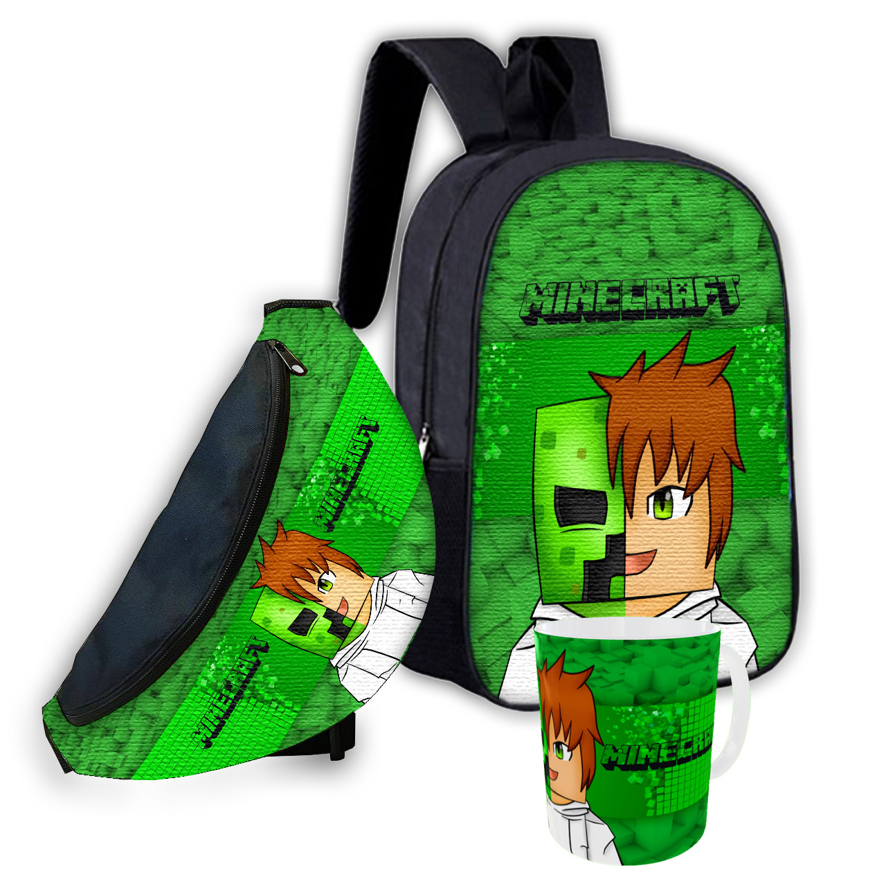 Дитячий набір Minecraft Крипер: рюкзак, бананка та кружка, 3 предмети