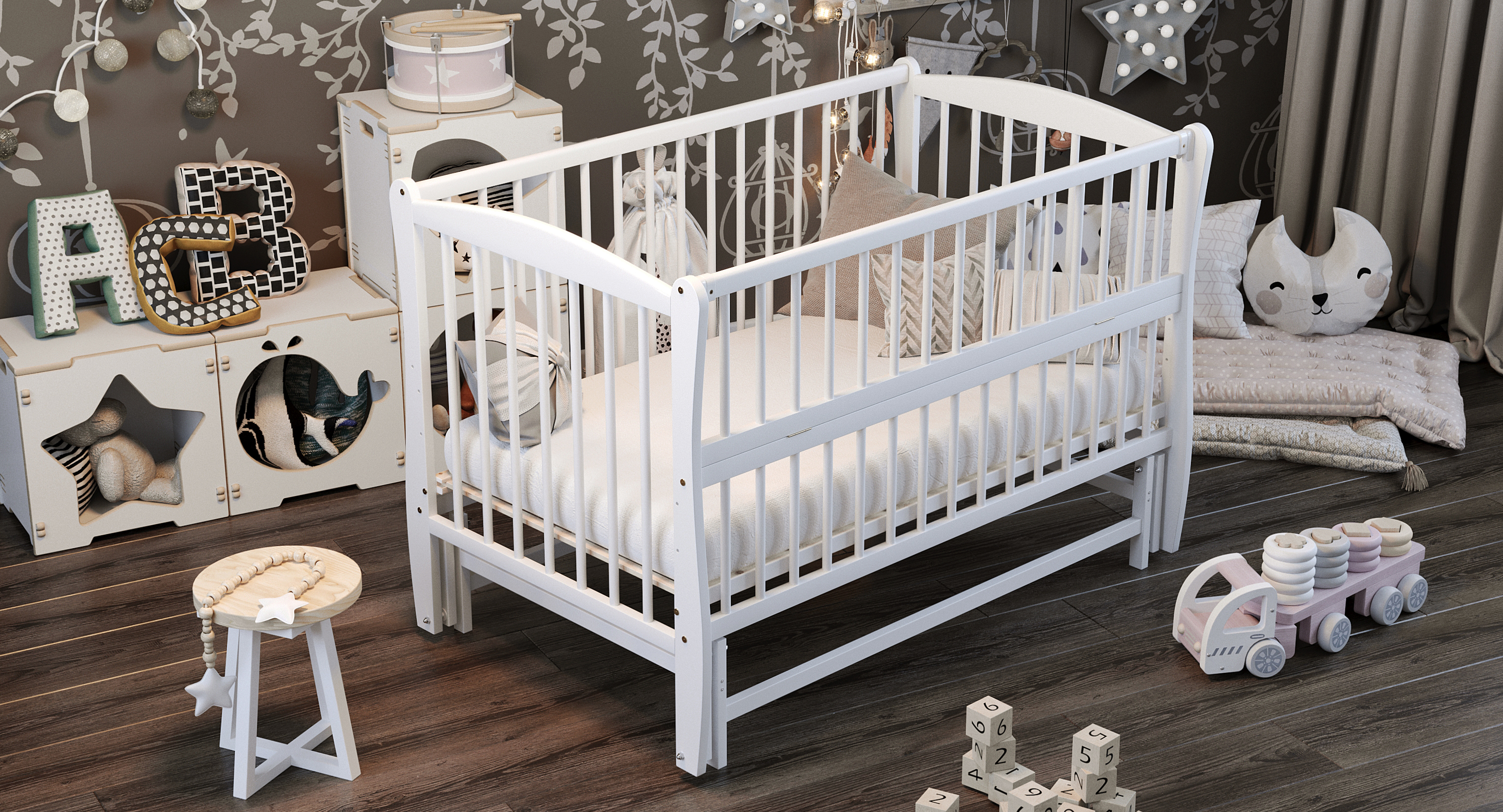 Ліжко дитяче Дубик-М Еліт на шарнірах з підшипником + відкидна боковина + різьблення біле