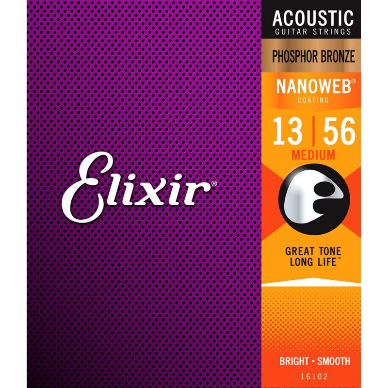 Струни для акустичної гітари 6 шт Elixir 16102 Nanoweb Phosphor Bronze Acoustic Medium 13/56
